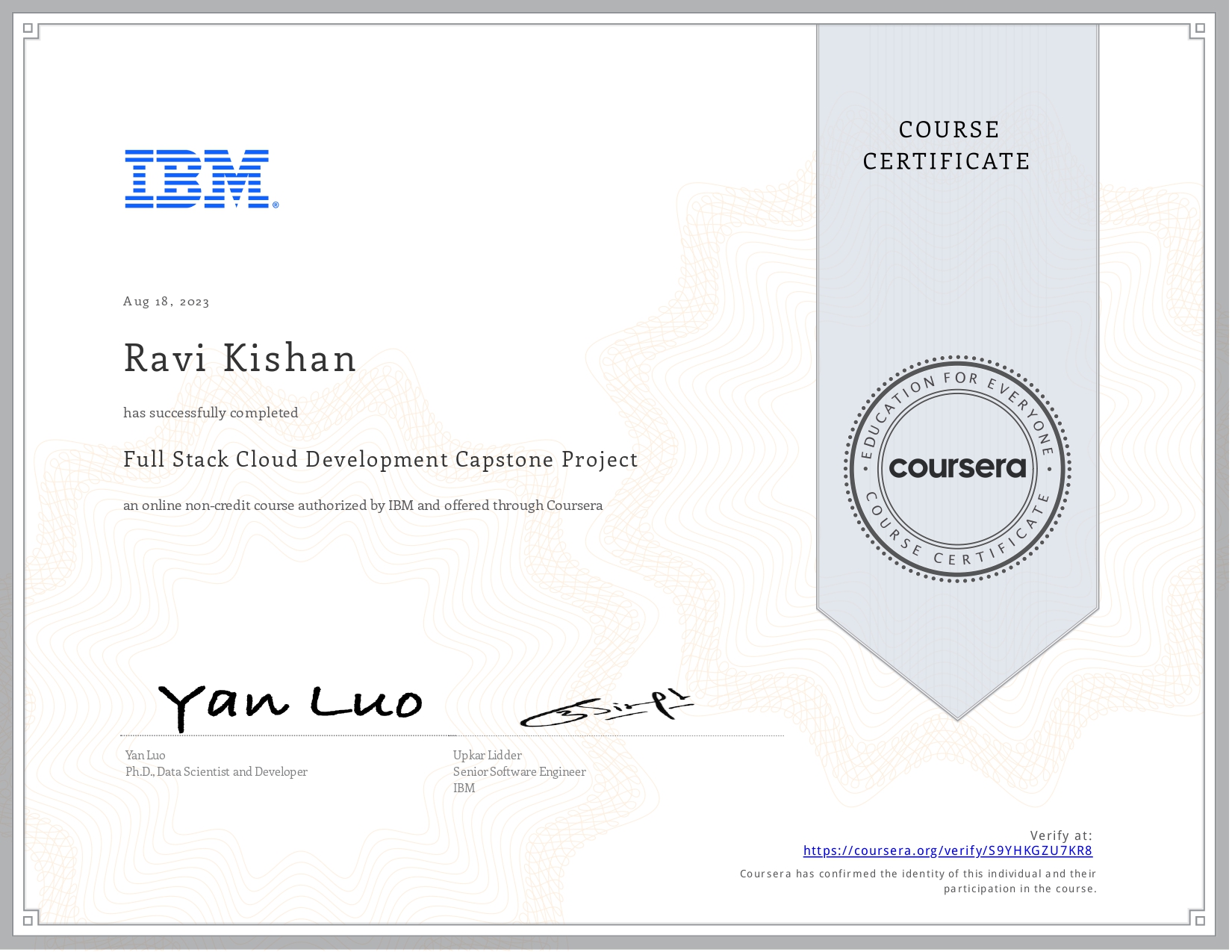 Full Stack Cloud Development Capstone Project certificate Ravi Kishan
