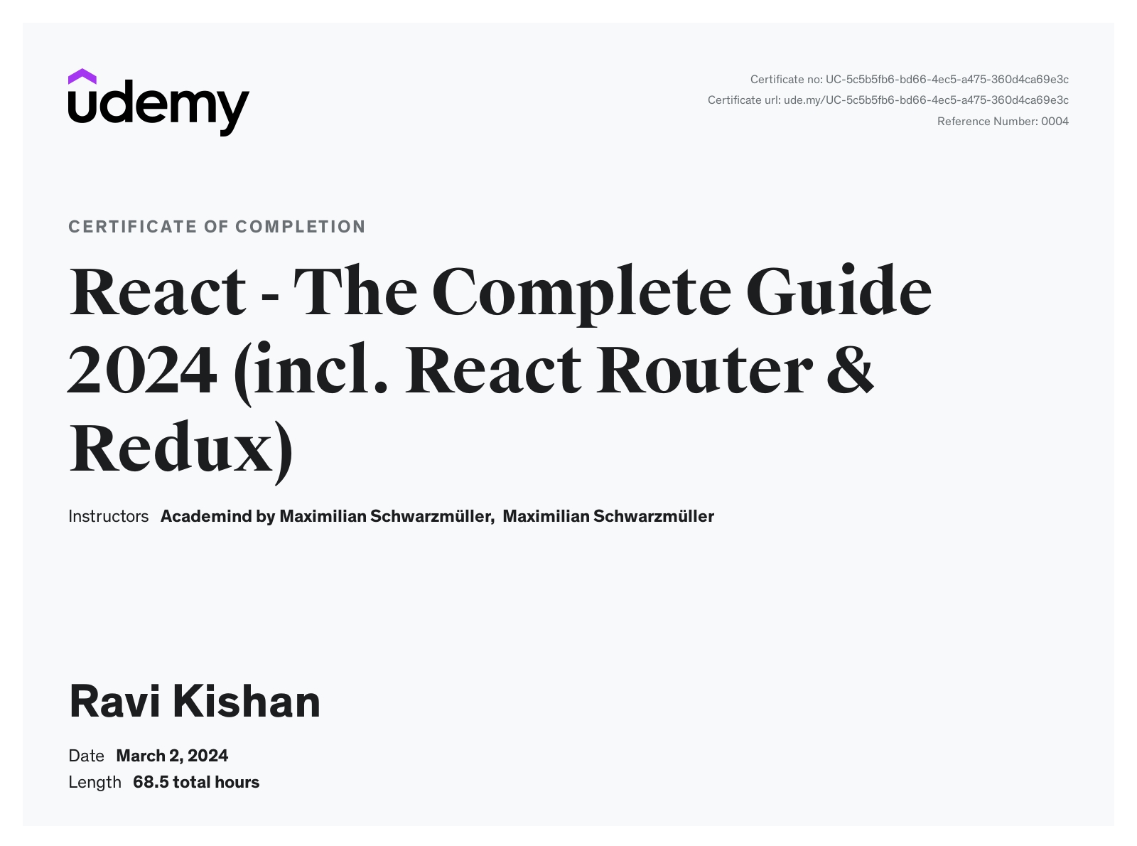 React - The Complete Guide 2024 certificate Ravi Kishan