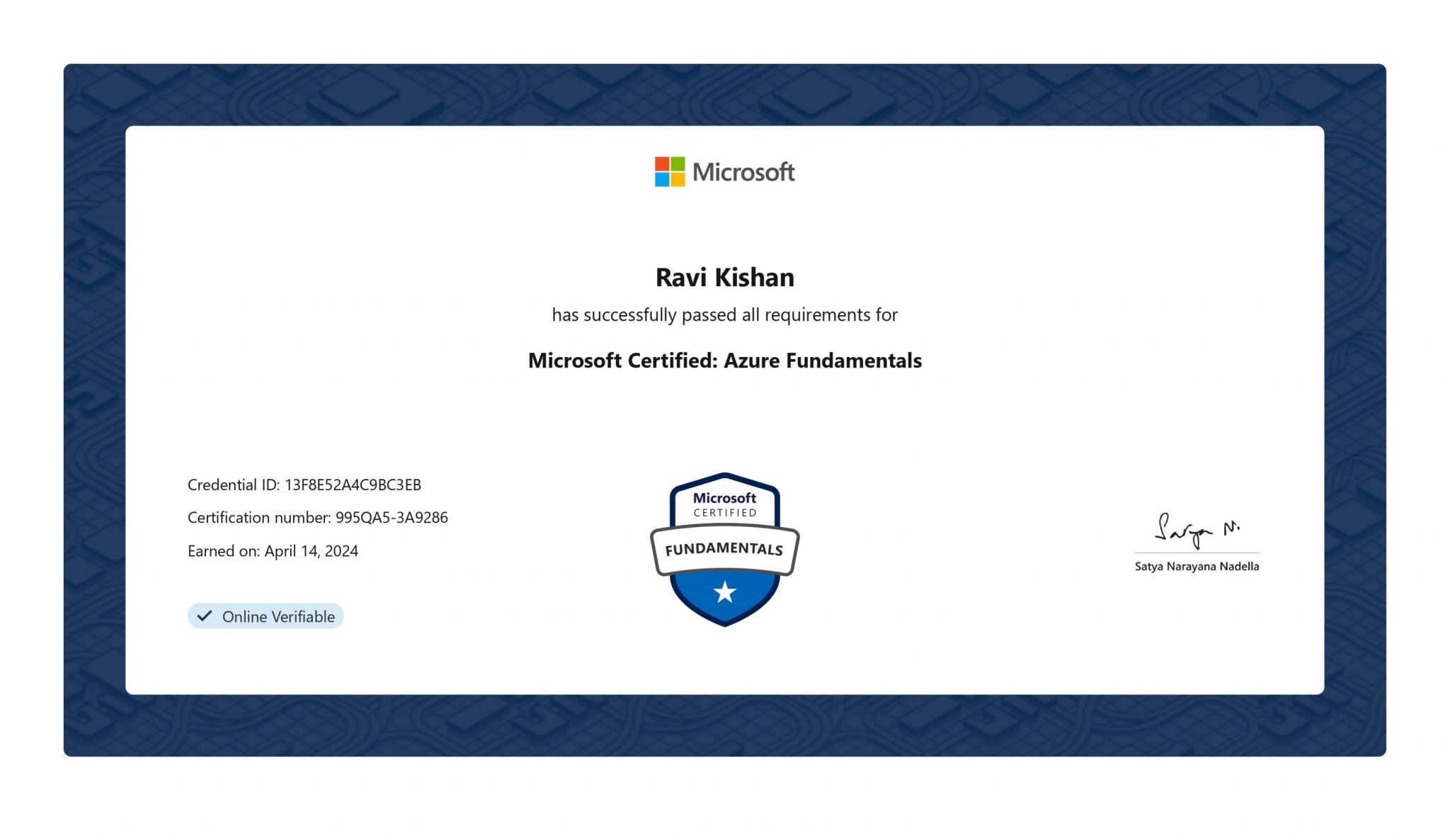 Microsoft Azure AZ-900 certificate Ravi Kishan